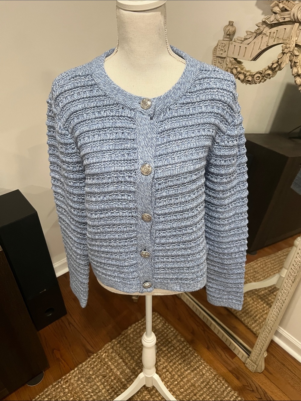 LOFT Light Blue Ribbed Button-Up Cardigan